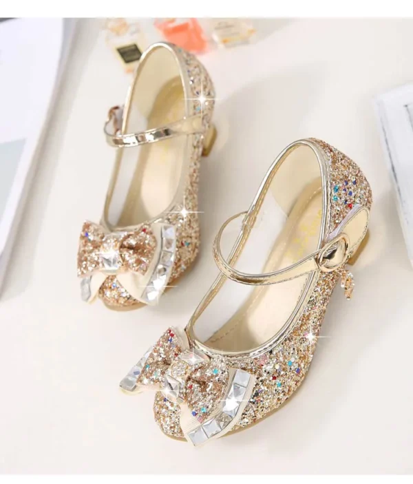 ULKNN Princess Kids Leather Shoes For Girls Flower Casual Glitter Children High Heel Girls Shoes Butterfly Knot Blue Pink Silver - Image 5