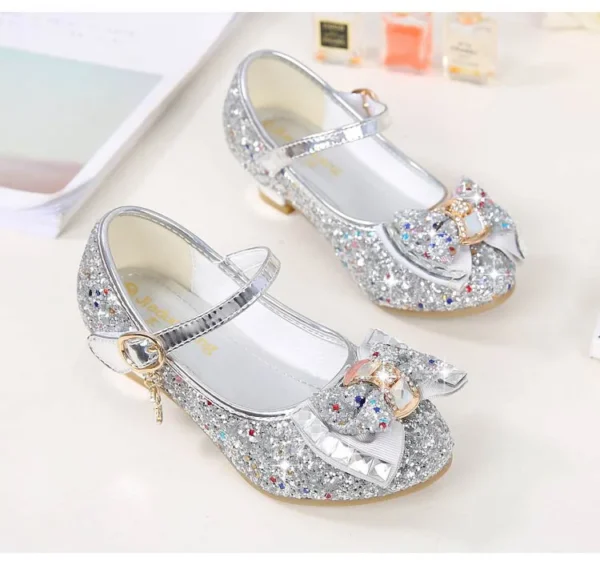 ULKNN Princess Kids Leather Shoes For Girls Flower Casual Glitter Children High Heel Girls Shoes Butterfly Knot Blue Pink Silver - Image 4