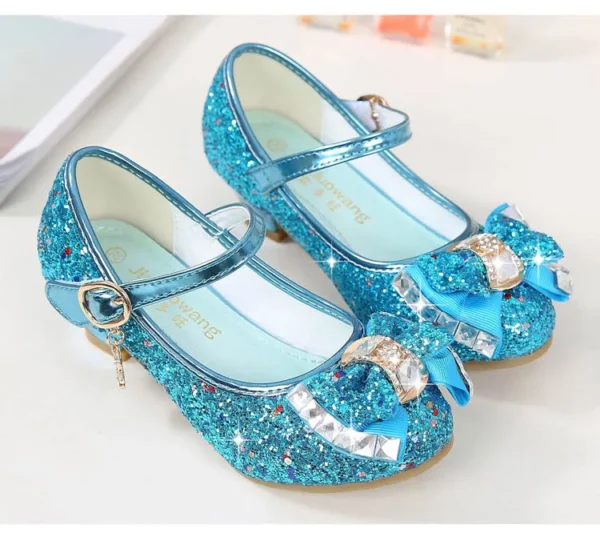 ULKNN Princess Kids Leather Shoes For Girls Flower Casual Glitter Children High Heel Girls Shoes Butterfly Knot Blue Pink Silver - Image 6