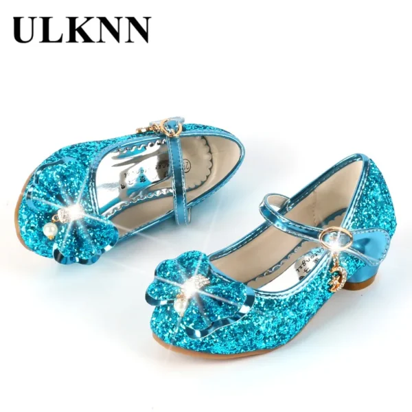 ULKNN Princess Kids Leather Shoes For Girls Flower Casual Glitter Children High Heel Girls Shoes Butterfly Knot Blue Pink Silver - Image 3