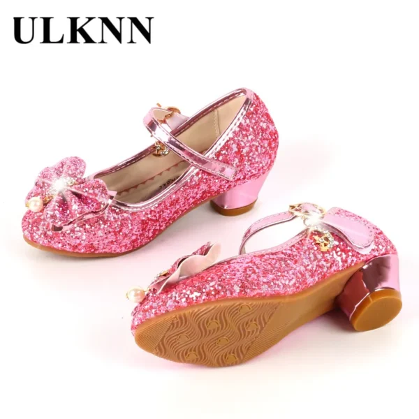 ULKNN Princess Kids Leather Shoes For Girls Flower Casual Glitter Children High Heel Girls Shoes Butterfly Knot Blue Pink Silver - Image 2