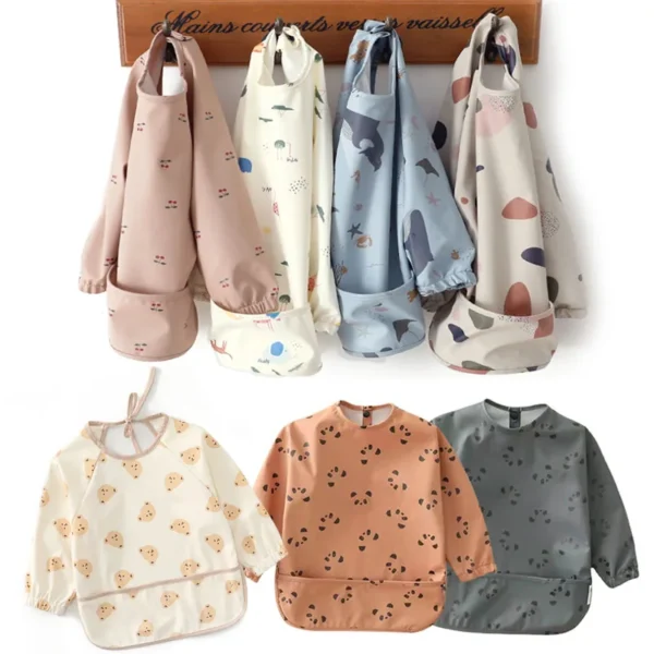 Baby Kids Toddler Long Sleeve Scarf Waterproof Art Smock Feeding Bib Apron Pocket Infant Boys Girls Burp Cloth Bibs Drooling